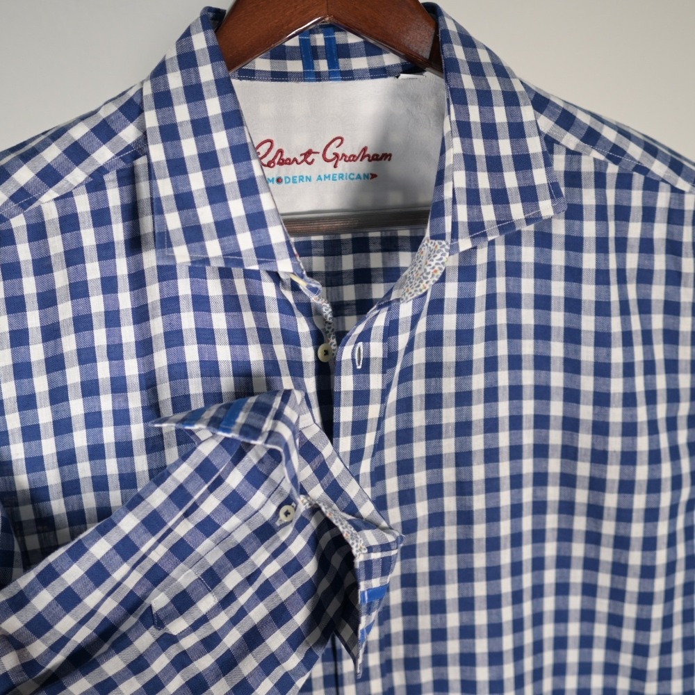 Robert Graham Mens 2XL Tailored Fit Gingham Button Down Shirt Blue White Paisley